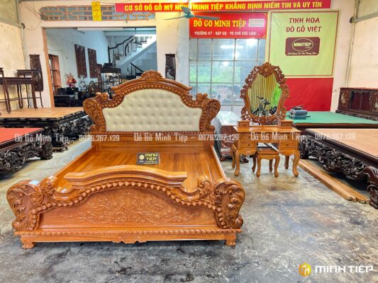 GIƯỜNG NGỦ TÂN CỔ ĐIỂN GỖ GÕ BỌC ĐỆM