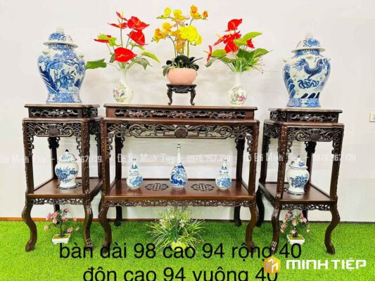 BÀN BÀY ĐỒ PHÚC THỌ GỖ GỤ 2 MẶT ĐÁ
