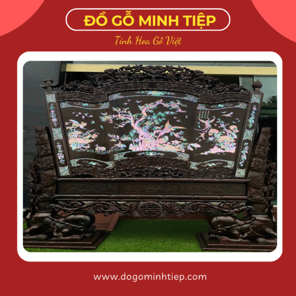 BÌNH PHONG KHẢM CHIM HOA GỖ GỤ