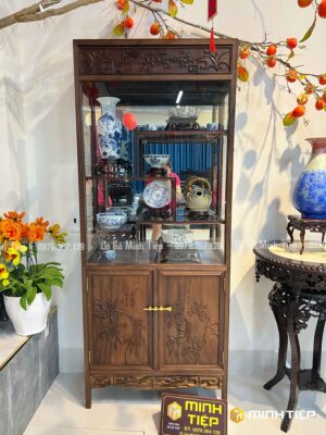 TỦ BÀY ĐỒ GỤ TA ĐỤC CHIM HOA