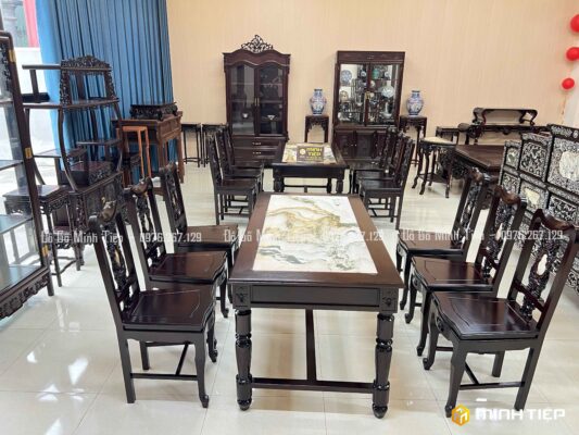BỘ BÀN ĂN 7 MÓN GỖ GỤ TỰA ĐỤC NHO CÀI ĐÁ