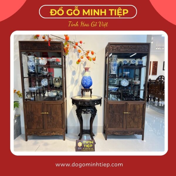 TỦ BÀY ĐỒ GỤ TA ĐỤC CHIM HOA